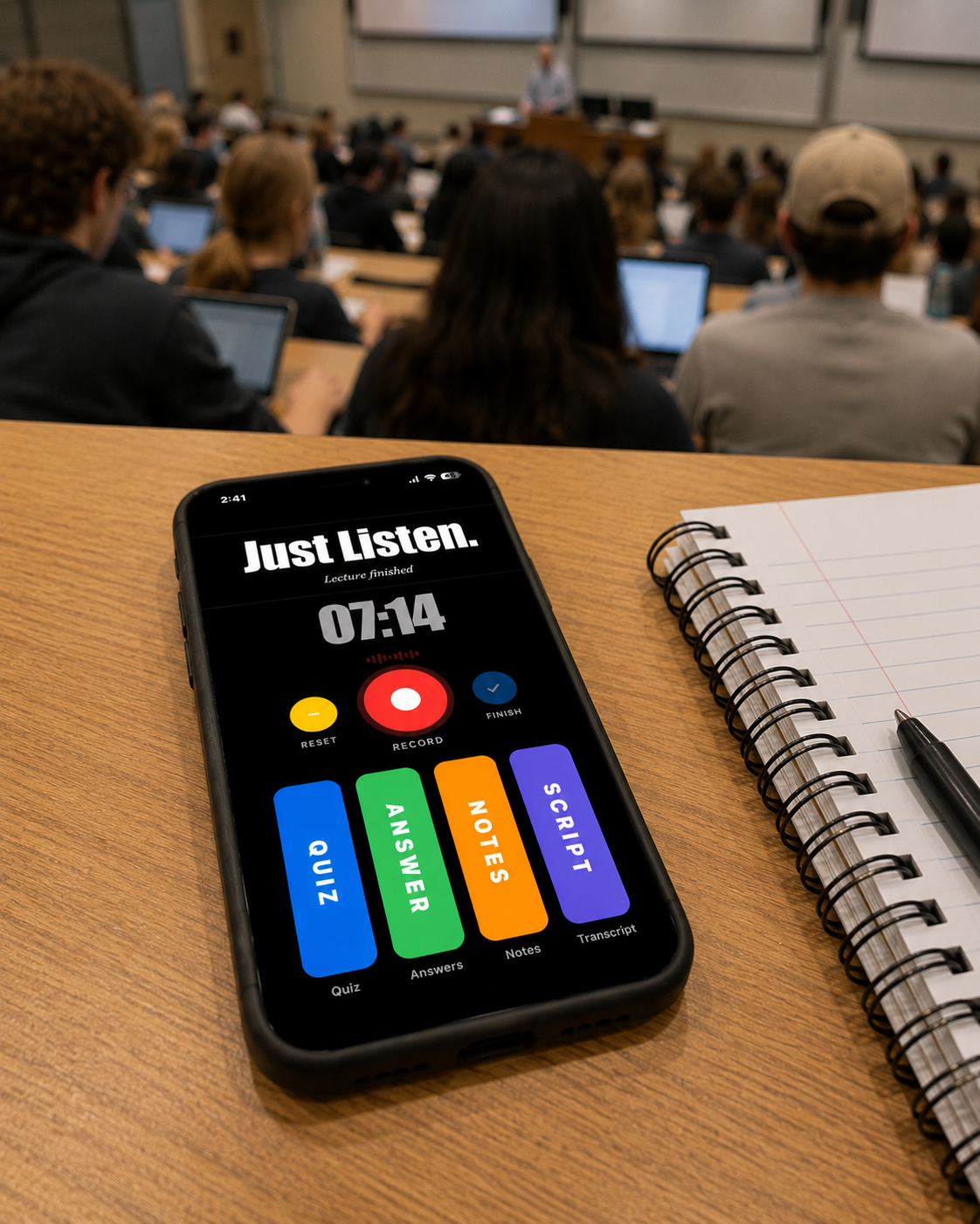 Phone showing Flash My Lecture app open on a desk during a lecture